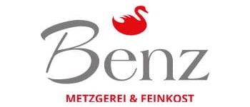Benz Logo für Benz Metzgerei & Feinkost mit einem roten Schwan über dem Wort Benz und dem Text METZGEREI & FEINKOST in Rot darunter.