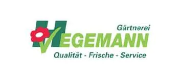 Hegemann Logo der Hegemann Gärtnerei mit stilisiertem grünen H und roter Blume, darunter der Schriftzug „Qualität – Frische – Service“.