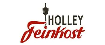 Holley Logo mit dem Schriftzug „Holley Feinkost“ in Schwarz und Rot, mit einem in den Buchstaben „H“ integrierten Spieß-Design.