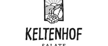 Keltenhof Schwarz-weißes Logo mit einer Blattgemüse-Illustration über dem Text Keltenhof Salate.