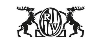 Rolf_Willy Schwarz-weißes Logo mit zwei einander zugewandten, sich aufbäumenden Hirschen, die ein Oval mit den Buchstaben R und W darin flankieren.